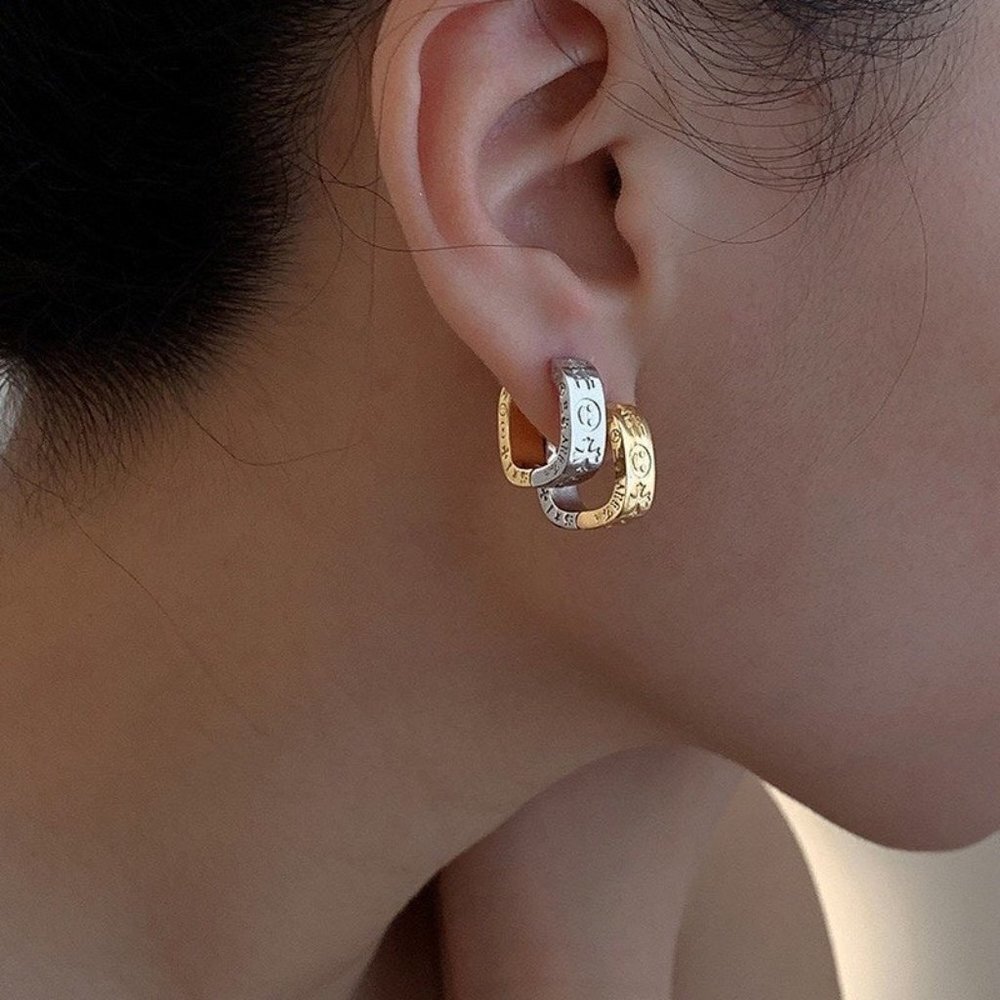Gold Silver Color Hollow Geometric Square Letter Smile Hoop Earrings - Picture 3 of 7